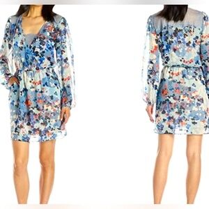 BCBG MaxAzria Adelynn Long Sleeve Lace Yolk Silk Chiffon Mini Dress, NWT, XXS